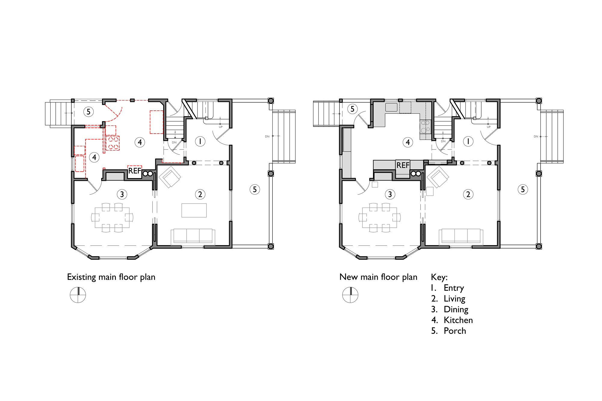 Before and after floor plans, Alameda Kitchen by Tweto Architecture