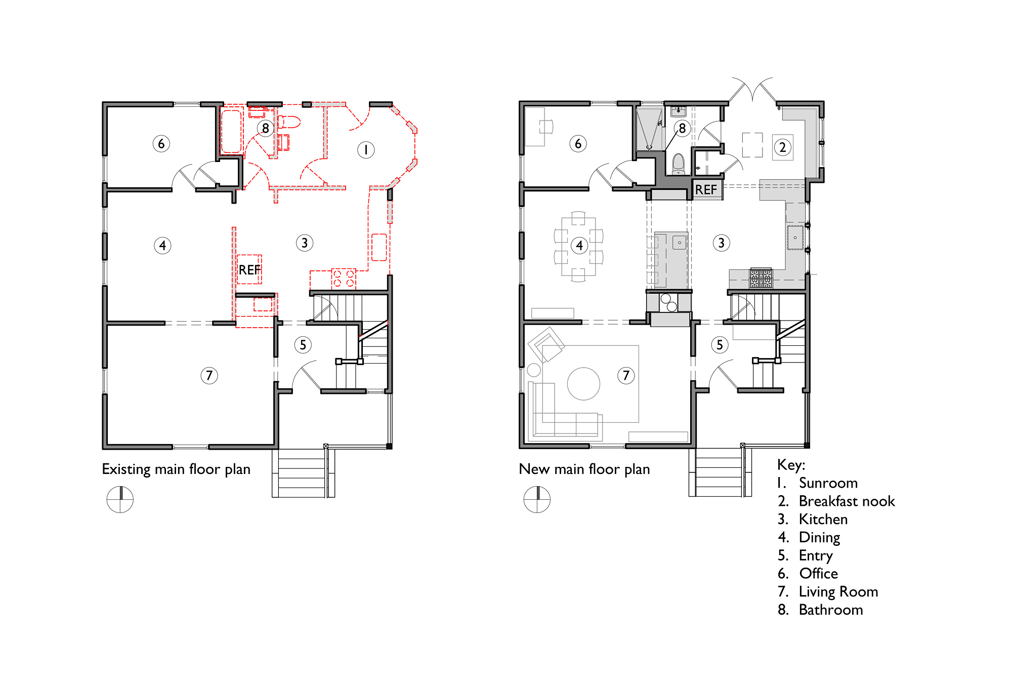 Existing and new main floor plans showing the kitchen, dining, living, and rebuilt breakfast nook addition, Baldwin Street remodel by Tweto Architecture