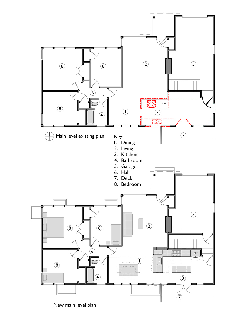 Existing and new main floor plans showing kitchen reconfigured and opened to the south yard, Brooklyn Street remodel by Tweto Architecture