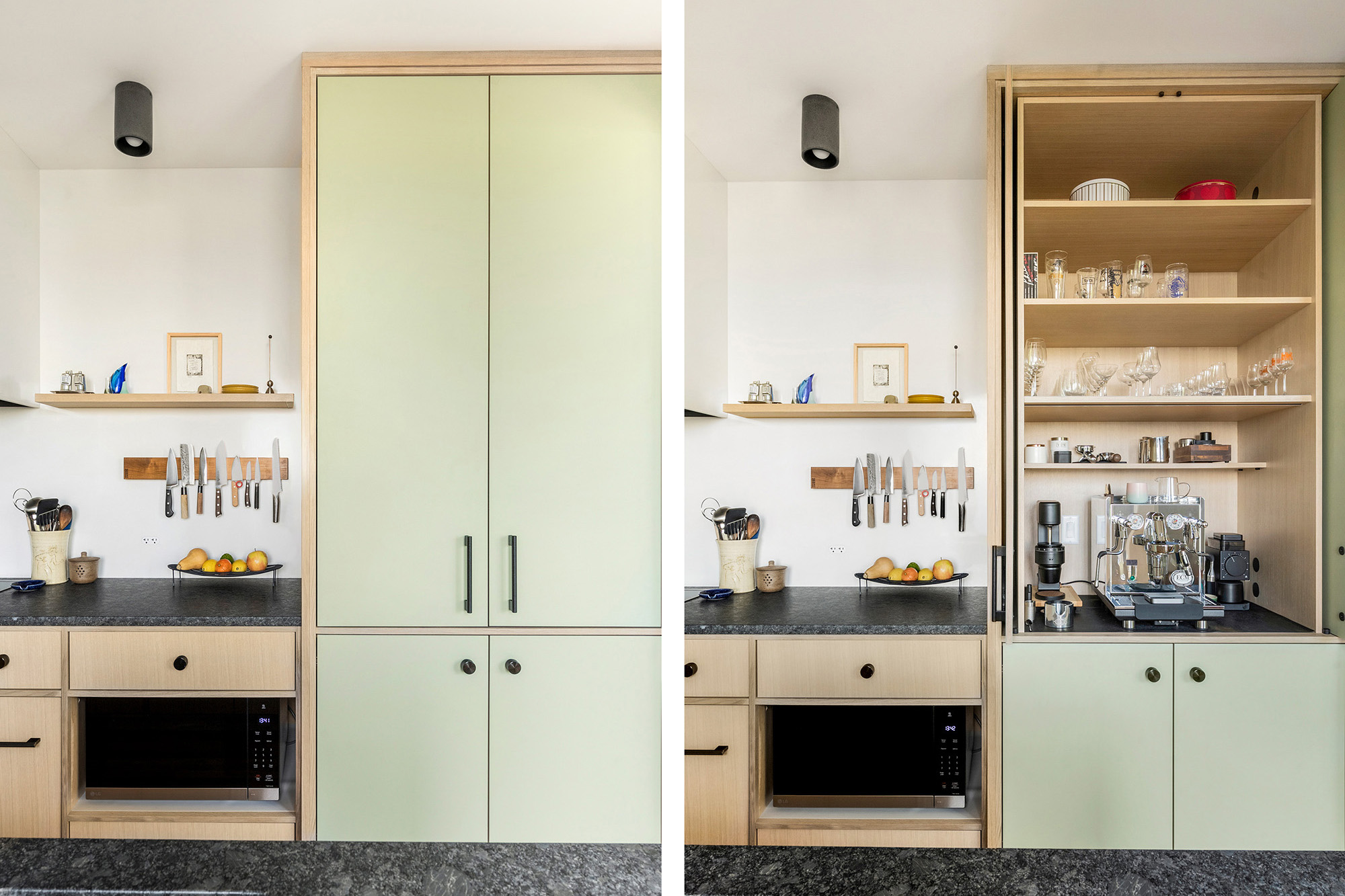 Tall sage cabinet closed and open showing built-in coffee station with espresso machine and glassware shelves within, by Tweto Architecture