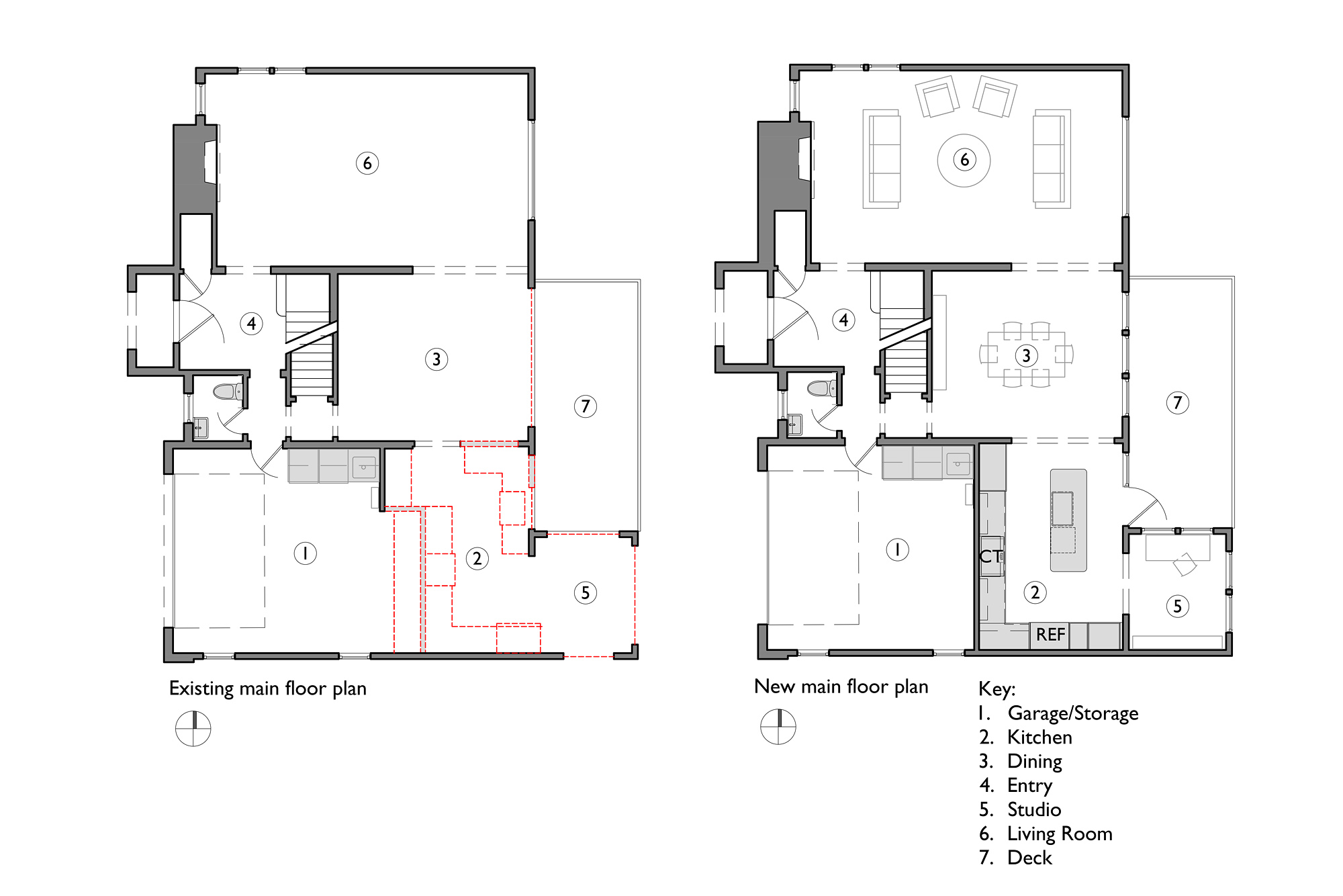 Existing and new main floor plans showing kitchen expanded into garage space to add island, studio and living room reconfigured with new windows, by Tweto Architecture