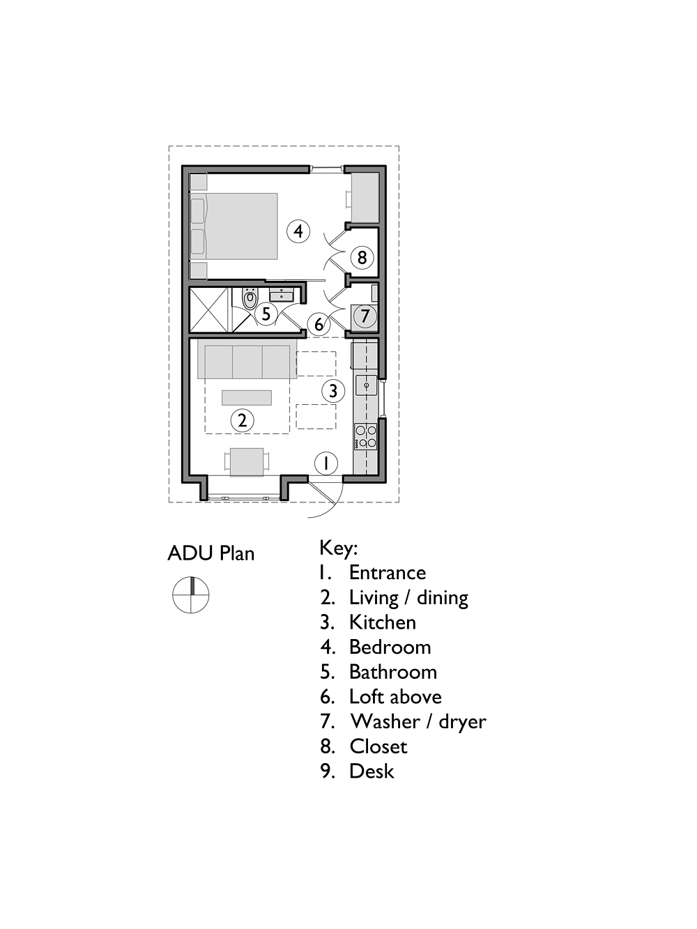 Floor plan of the Irving Park ADU showing the entrance, living/dining area, kitchen, bedroom, bathroom, and loft above, by Tweto Architecture