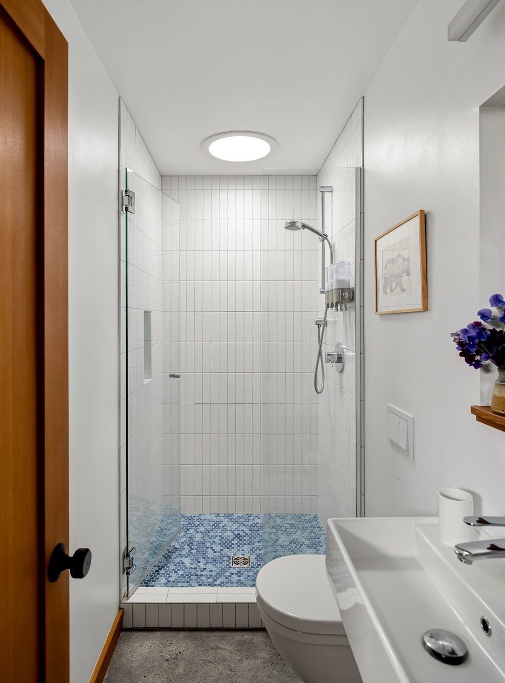 Bathroom with a glass-enclosed shower, white subway tile, blue mosaic floor tile, and a sun tunnel skylight, Irving Park ADU by Tweto Architecture