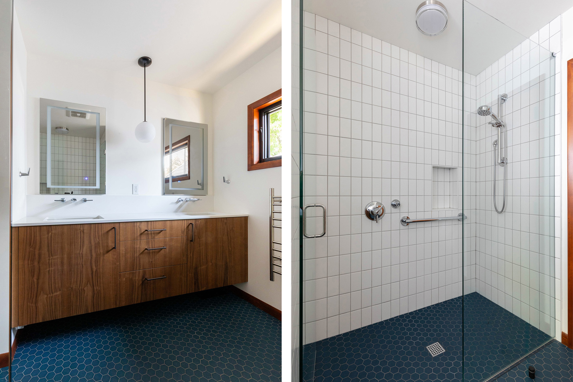 Primary bathroom: floating walnut vanity with dual sinks and navy hexagonal tile floor on the left, curbless shower with white square tile and glass partition on the right, Kelly Street remodel by Tweto Architecture
