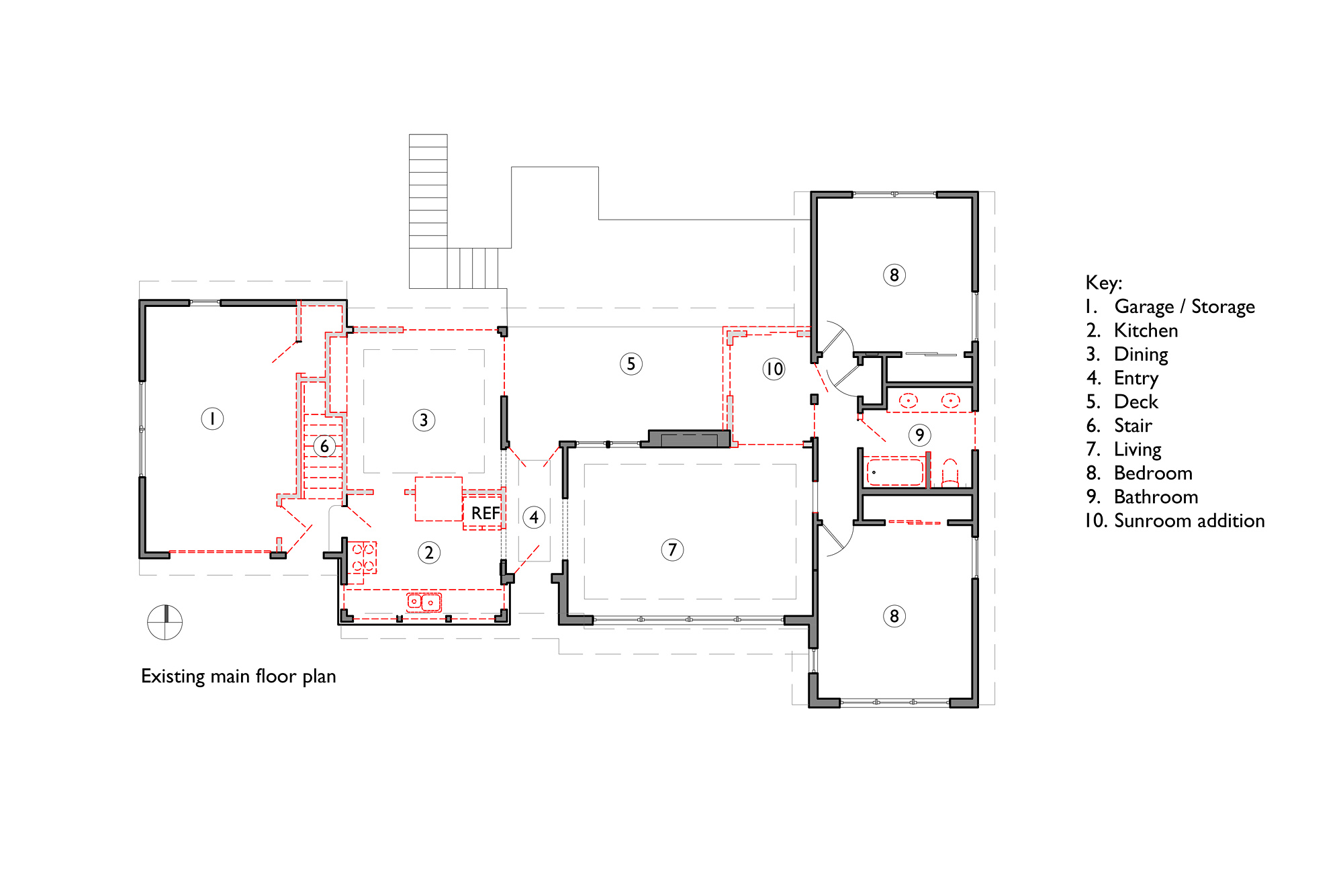 Existing main floor plan with proposed changes marked in red, showing the undersized kitchen, utility stair, and sunroom addition, Kelly Street remodel by Tweto Architecture