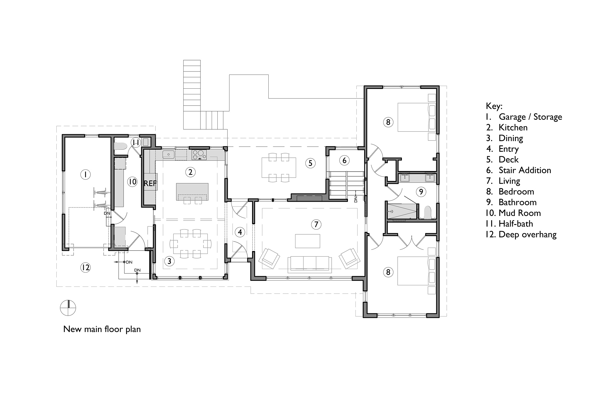New main floor plan showing expanded open kitchen, mudroom with half bath, stair addition replacing the sunroom, and remodeled primary bathroom, Kelly Street remodel by Tweto Architecture