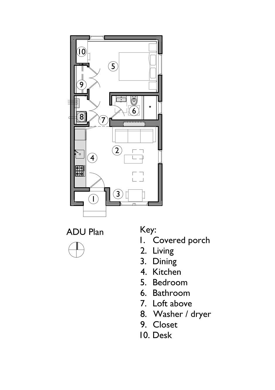 ADU floor plan with key showing covered porch, living, dining, kitchen, bedroom, bathroom, loft, washer/dryer, closet, and desk, Mason Street ADU by Tweto Architecture