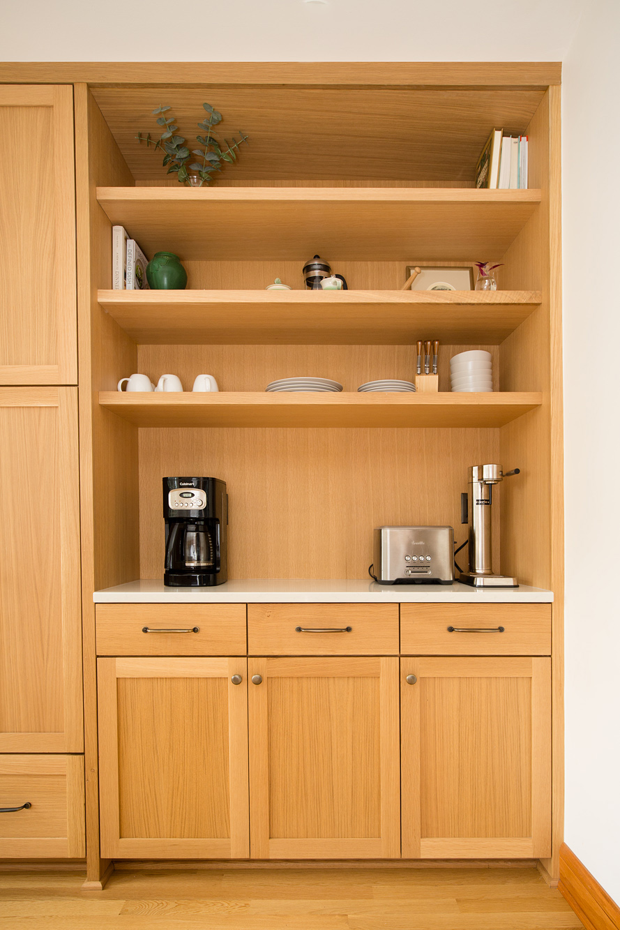 Built-in pantry shelves with coffee station and small appliances, Mt. Tabor Tudor remodel by Tweto Architecture