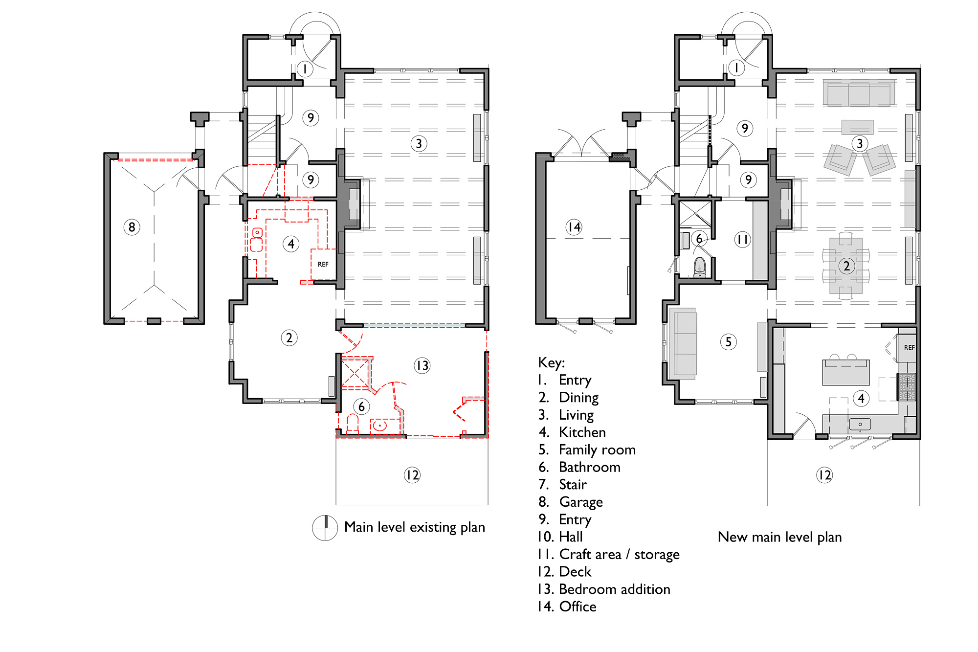 Existing and new main floor plans showing kitchen relocated into rear addition and original galley kitchen converted to bathroom and storage, Mt. Tabor Tudor remodel by Tweto Architecture