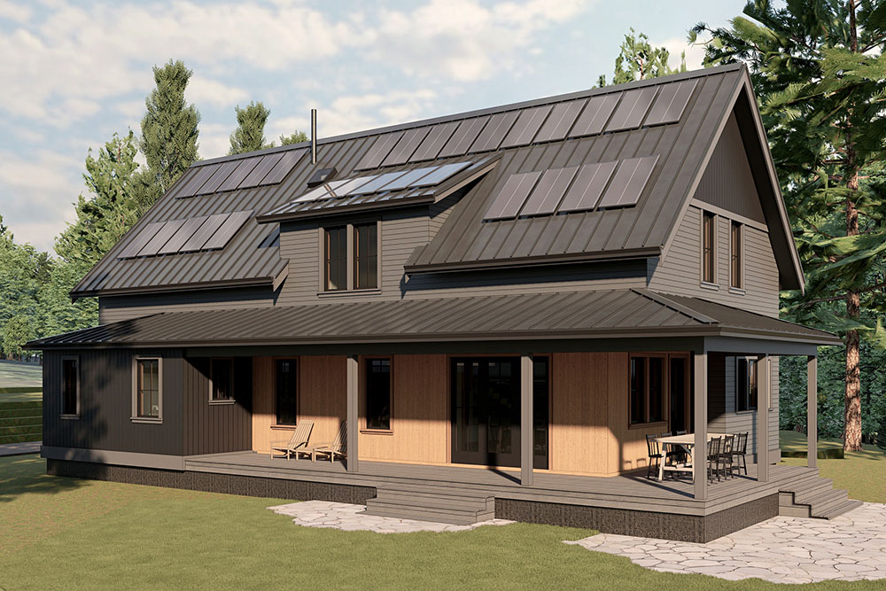 Rendering of the Mountaindale Home, a charcoal two-story farmhouse with wraparound porch, standing-seam metal roof, and rooftop solar near North Plains, Oregon, by Tweto Architecture