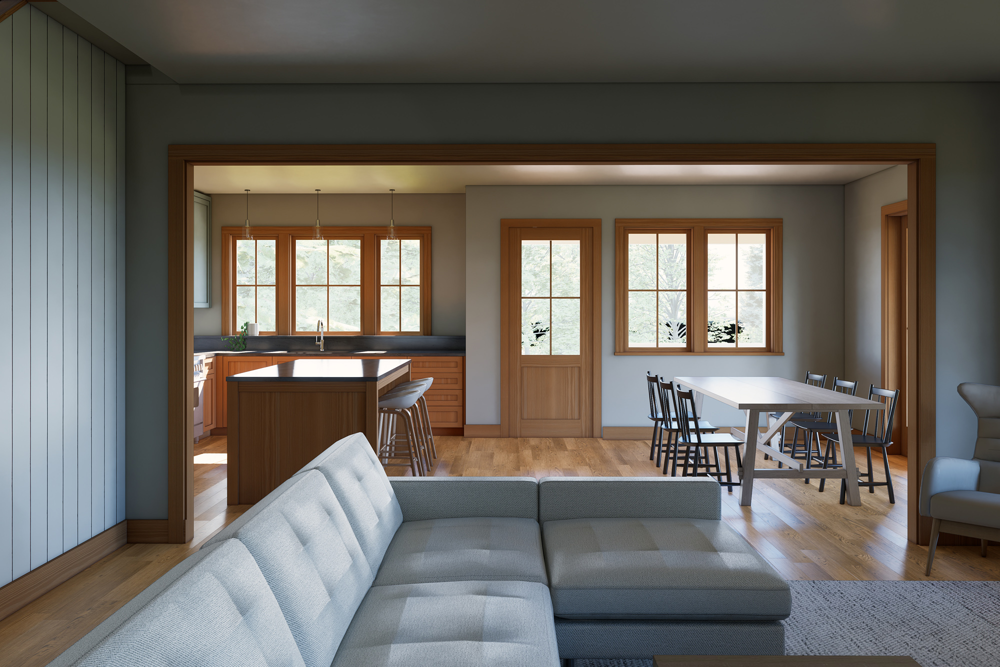 Living and dining area looking through to the kitchen island, with wood-trimmed windows and warm oak finishes throughout, Mountaindale Home by Tweto Architecture