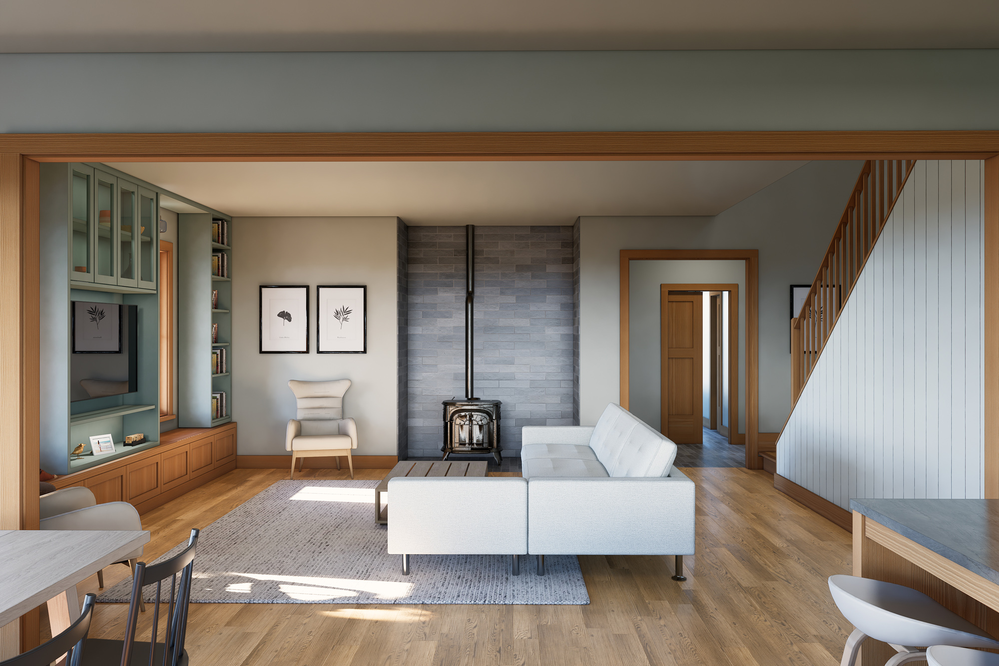 Living room with freestanding woodstove on a tile chimney surround, built-in shelving and media cabinet to the left, open stair to the right, Mountaindale Home by Tweto Architecture