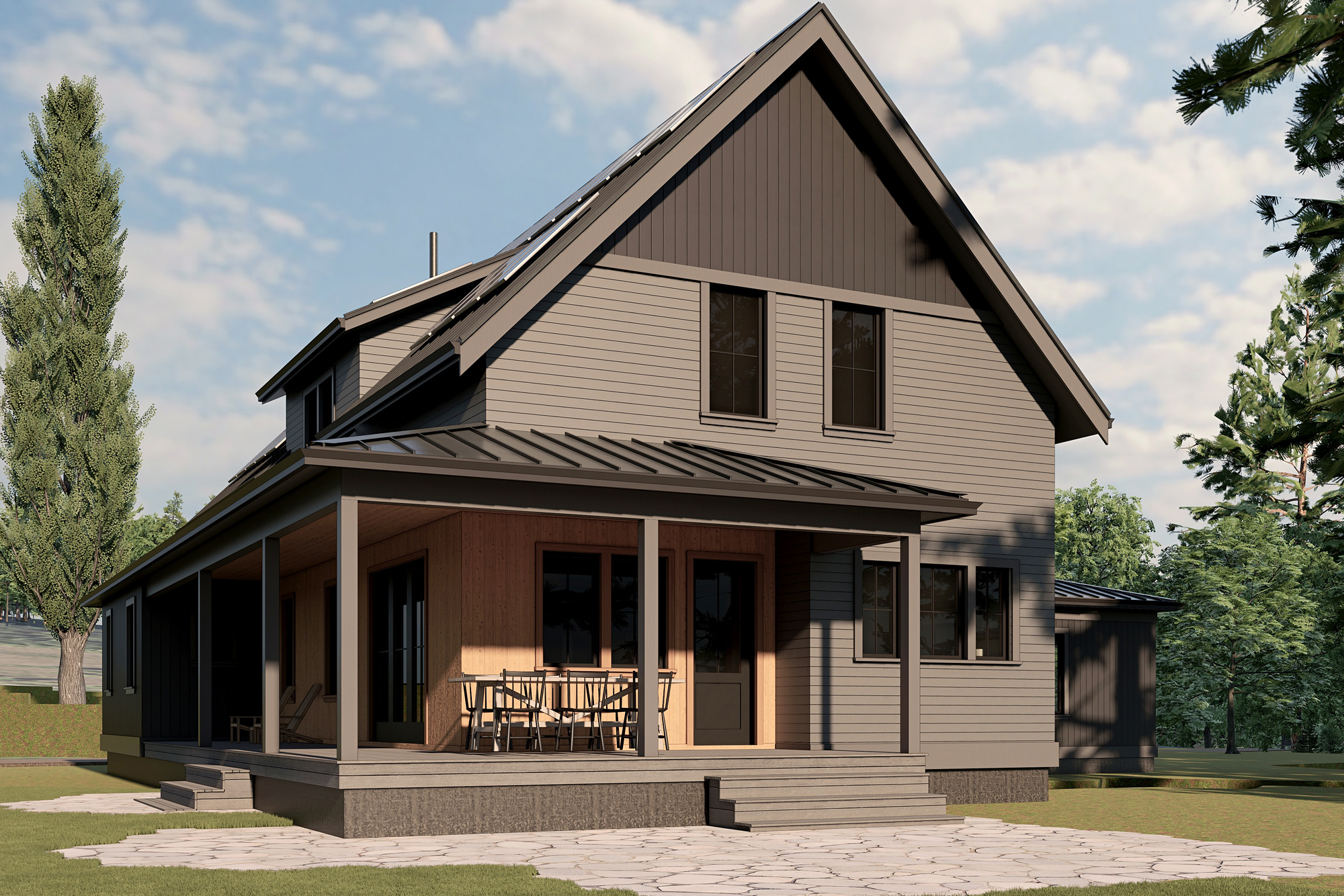 East elevation of the Mountaindale Home showing the covered porch with outdoor dining, dark olive siding with cedar accent panels, and mature spruce trees behind, near North Plains, Oregon by Tweto Architecture