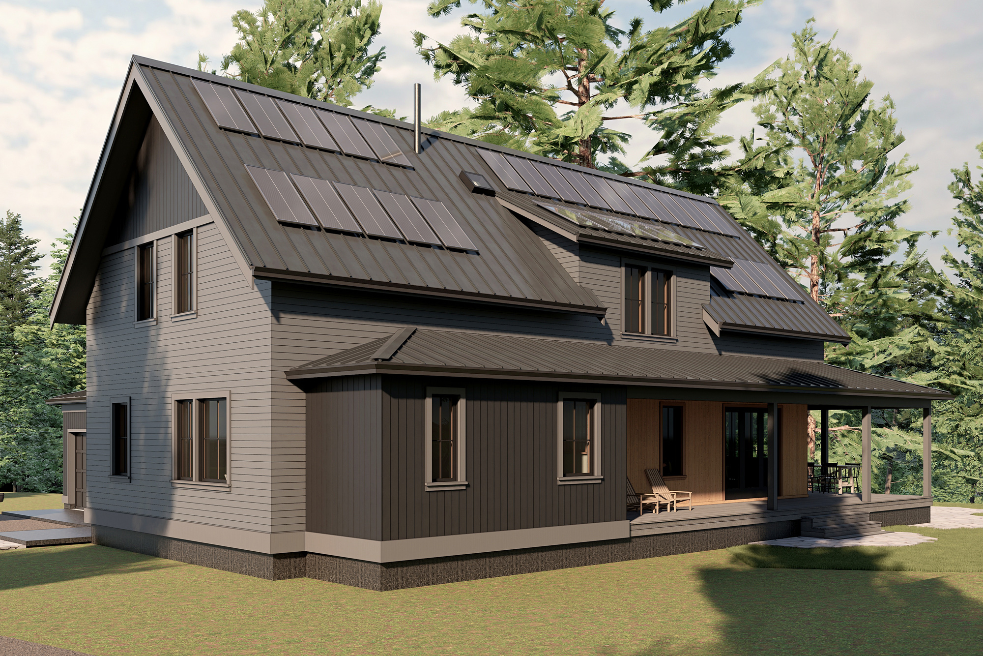 Southwest elevation of the Mountaindale Home showing dark olive and grey siding, dark trim, charcoal metal roof with solar panels, and covered porch at the rear, near North Plains, Oregon by Tweto Architecture