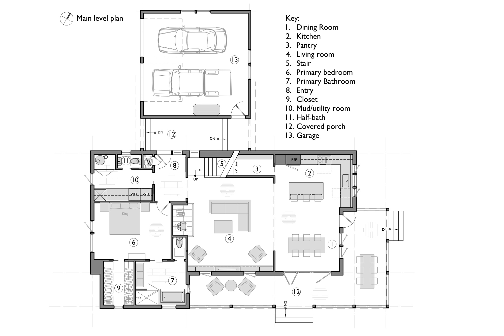 Main level floor plan for the Mountaindale Home showing kitchen, dining, living room, primary bedroom and bathroom, mudroom, covered porch, and garage, by Tweto Architecture