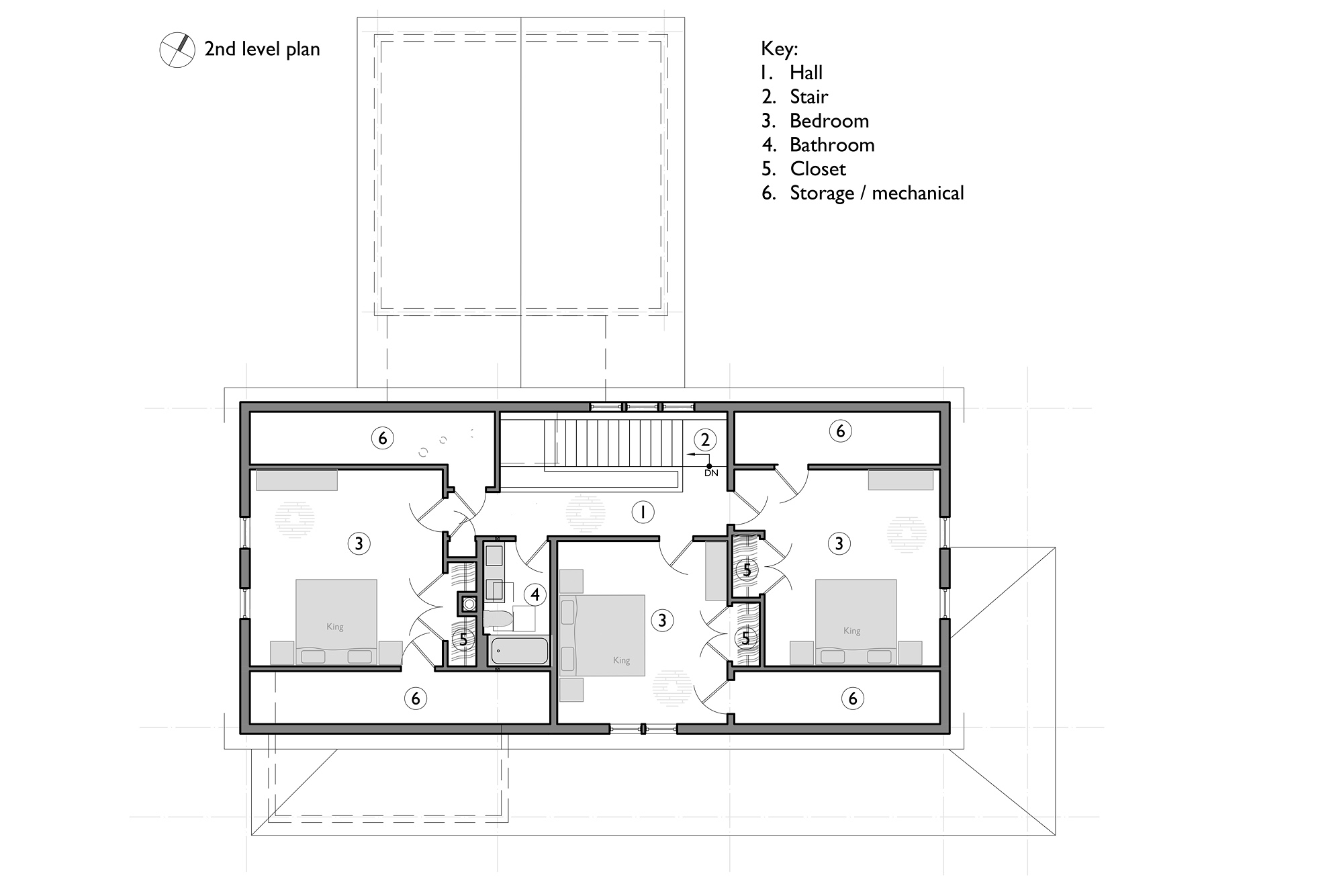 Second level floor plan for the Mountaindale Home showing three bedrooms, shared bathroom, and storage, by Tweto Architecture
