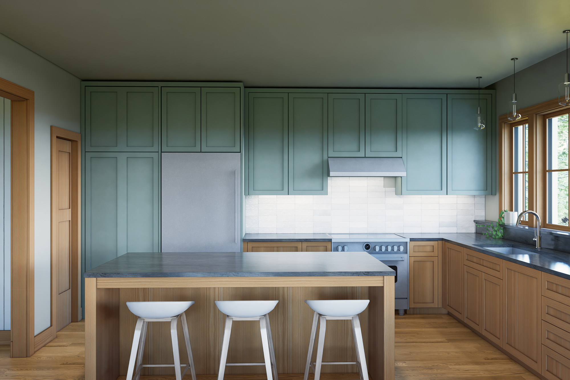 Kitchen with sage green upper cabinets, natural wood lowers, large island with barstools, subway tile backsplash, and east-facing windows, Mountaindale Home by Tweto Architecture