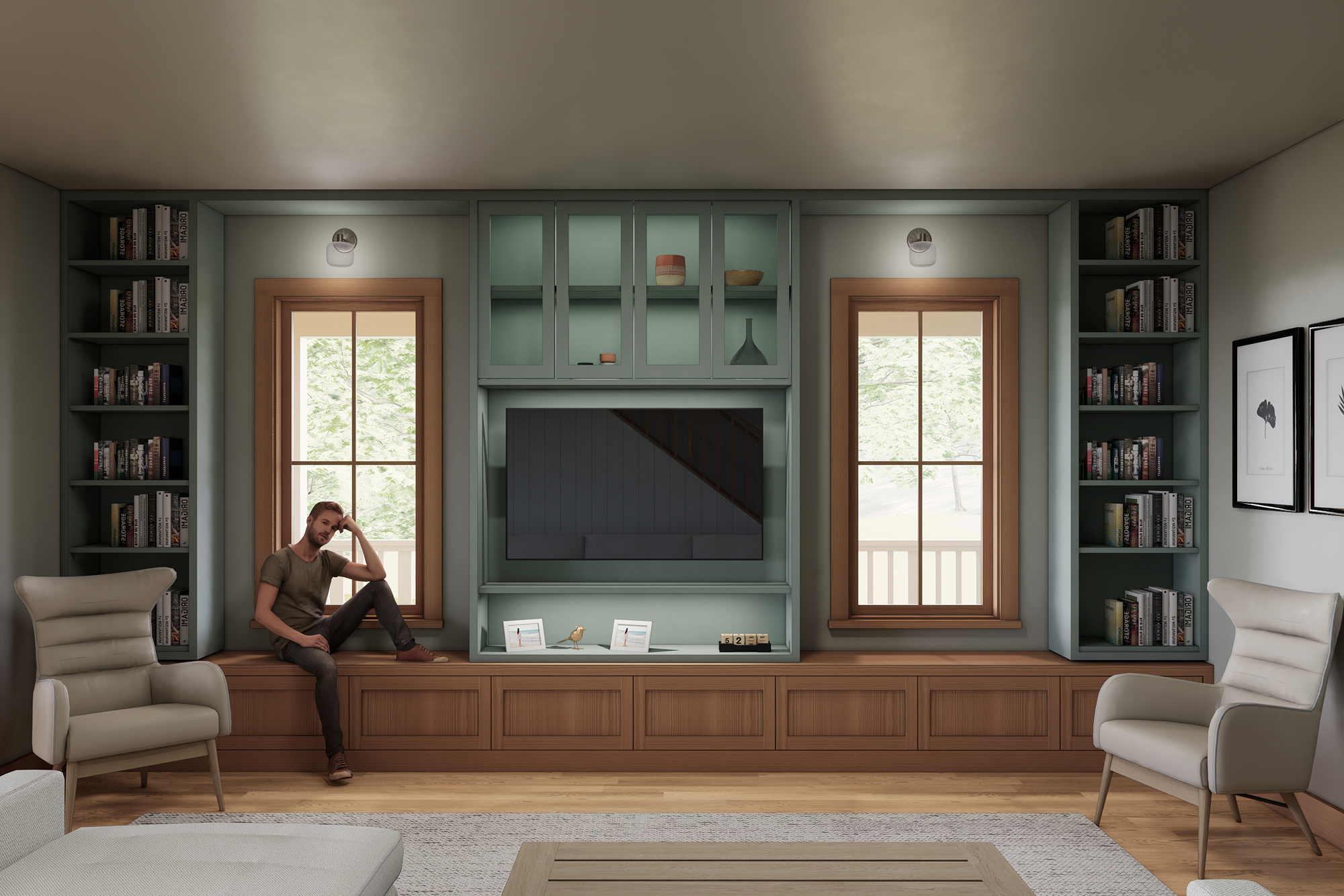 Full-wall built-in unit with bookshelves, media cabinet, and window seats flanking a central TV, with two wood-trimmed windows looking to the covered porch, Mountaindale Home by Tweto Architecture
