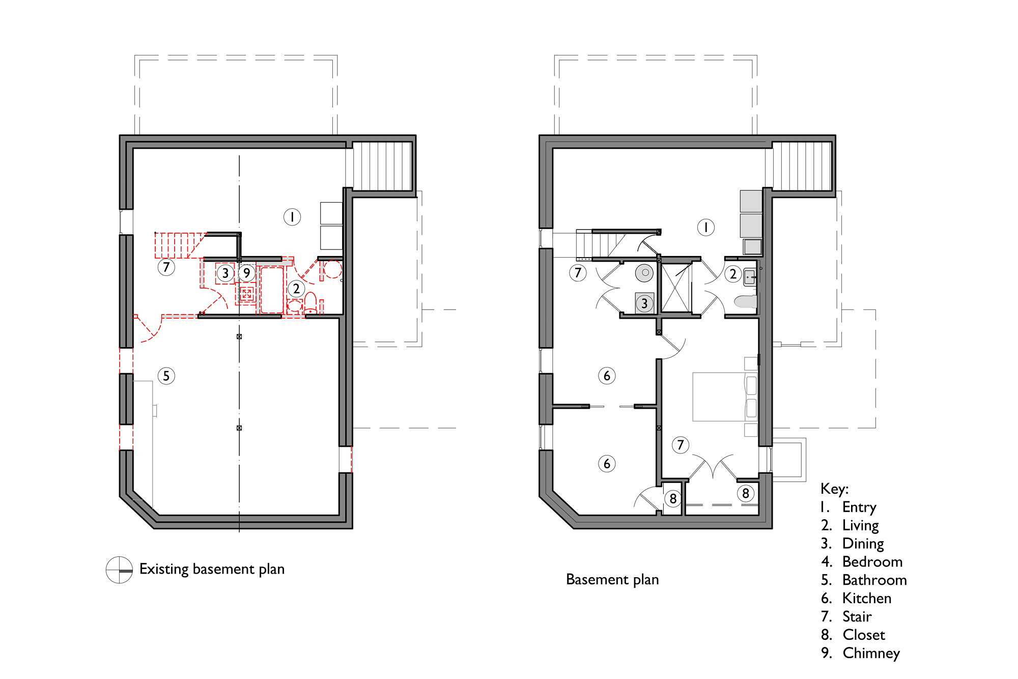 Existing basement plan and new basement plan side by side, showing finished offices, bedroom, bathroom, and utility space, NE 9th Remodel by Tweto Architecture