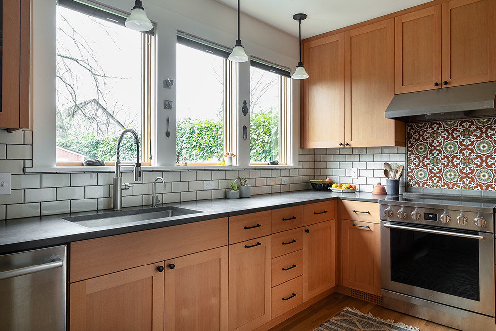 Sabin kitchen remodel with fir cabinets and dark quartz, Portland