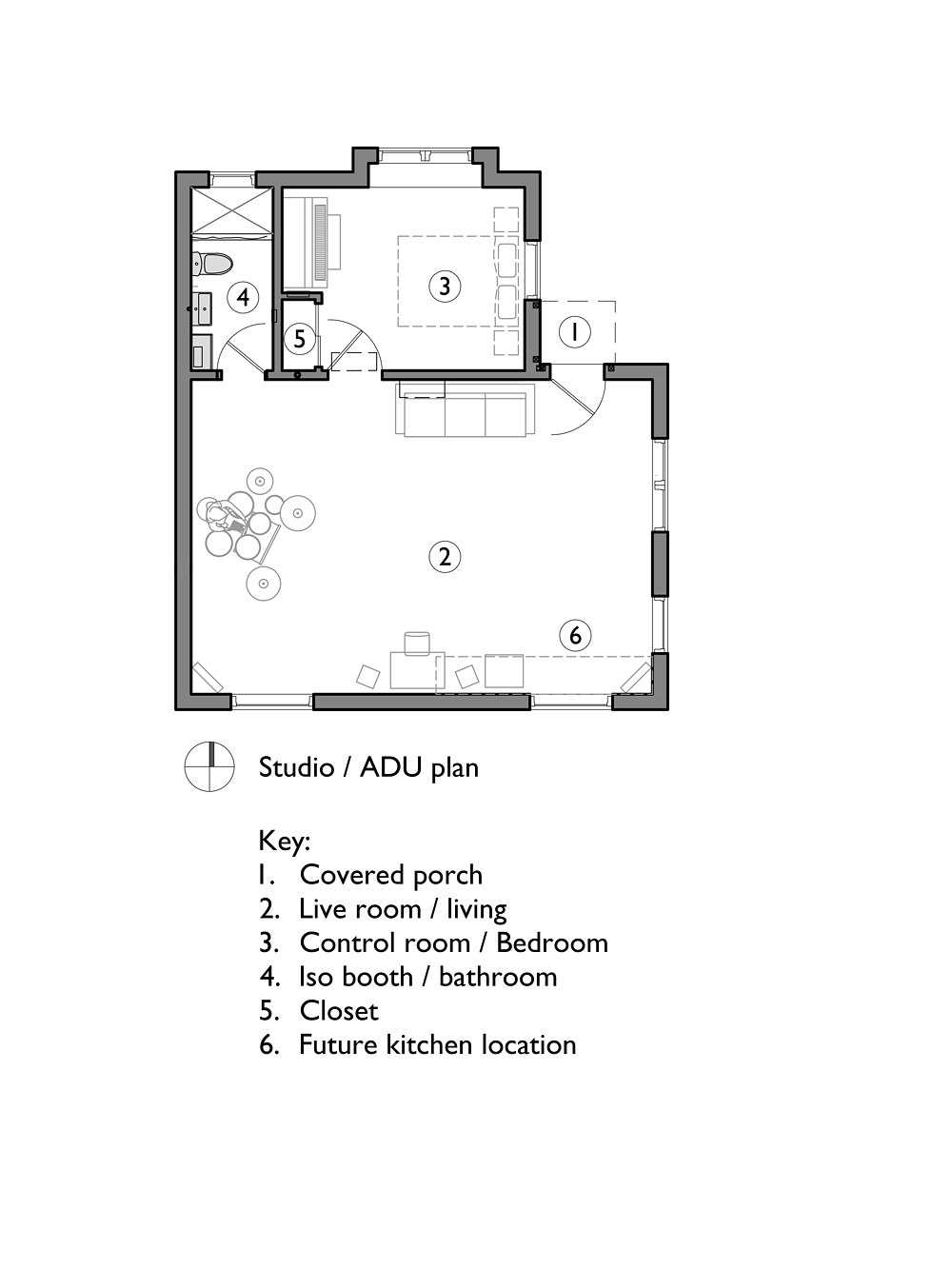 Studio and ADU floor plan showing live room, control room and bedroom, iso booth and bathroom, closet, and future kitchen location, Siskiyou Street Recording Studio by Tweto Architecture
