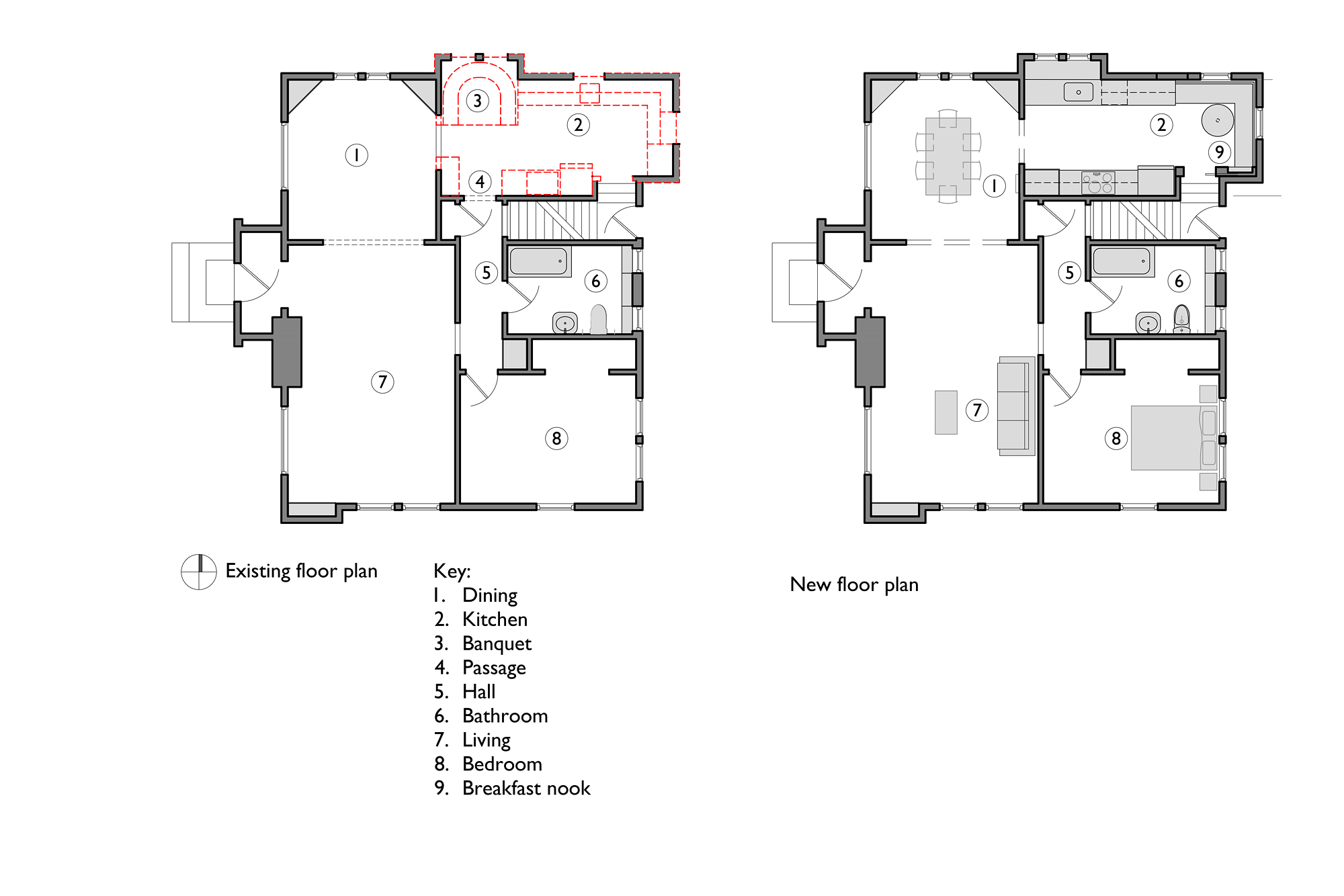 Existing and new floor plans showing kitchen reconfigured from cluttered 1960s layout to clean galley with breakfast nook at east end, Stanton Street Kitchen by Tweto Architecture