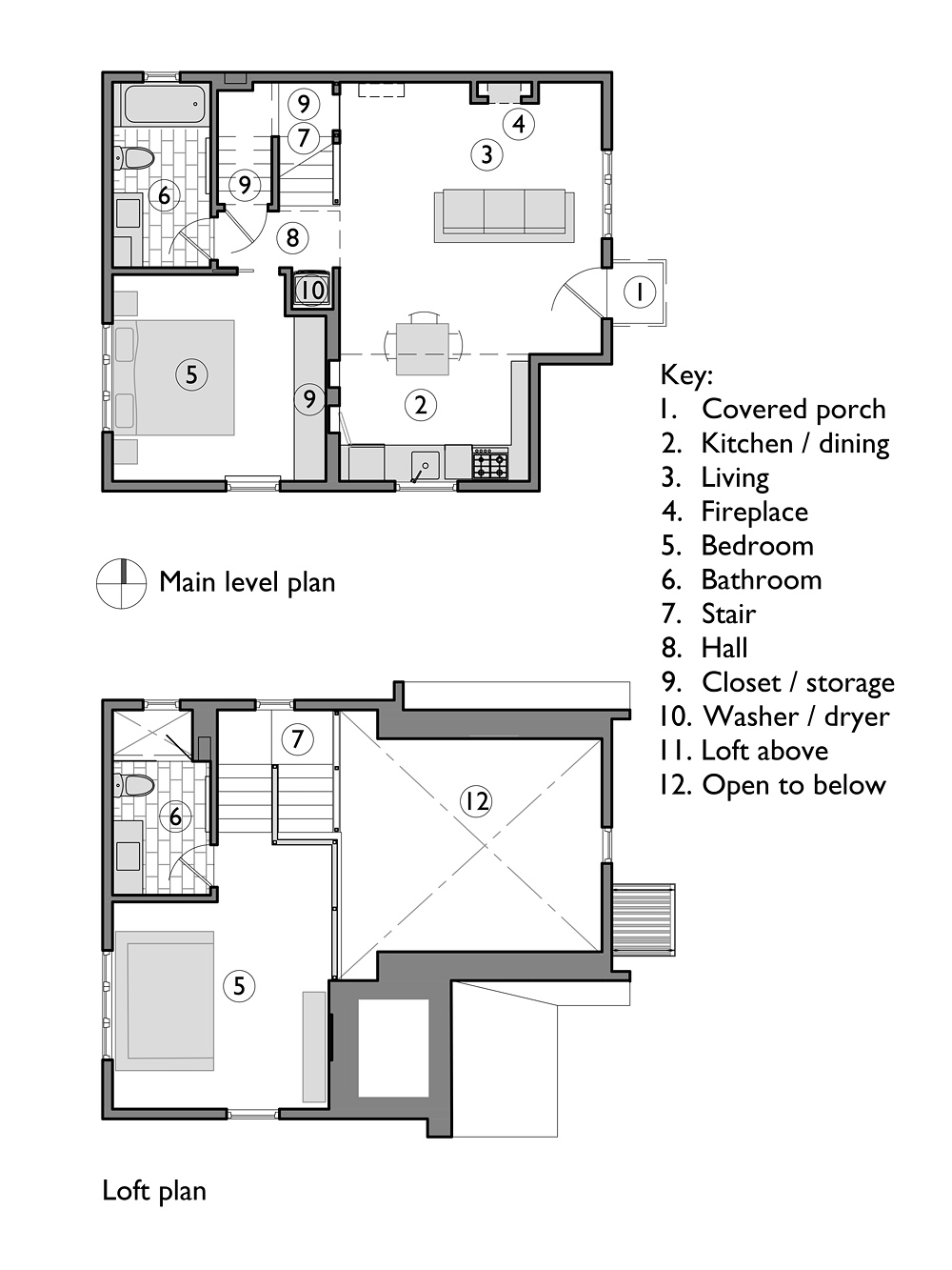 Main level and loft floor plans showing bedroom, bathroom, great room, kitchen and dining, fireplace, stair, and open loft above, Vancouver Avenue ADU by Tweto Architecture
